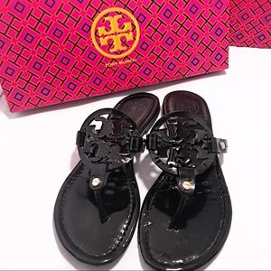 Tory burch black patent leather miller sandals 6